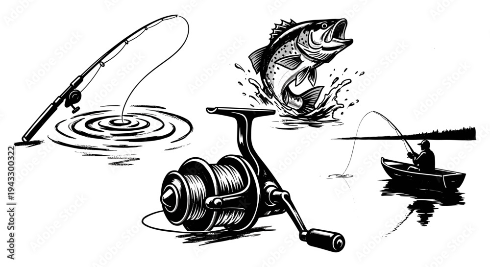 Obraz premium Fishing montage: jumping fish, angler in boat, and fishing gear illustration
