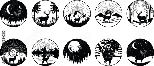 Deer, mountain, landscape, silhouette, vector, badge, set, adventure, outdoor, nature, forest, wildlife, stag, elk, moon, sun, lake, pine, circle, collection,