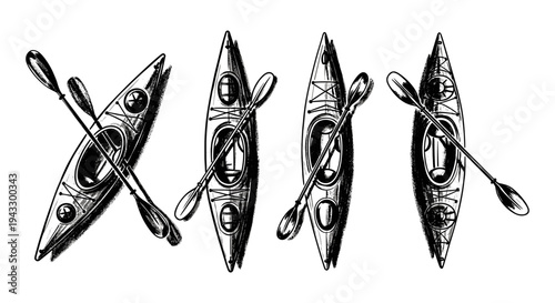 Four kayaks with paddles arranged in a row, black and white illustration