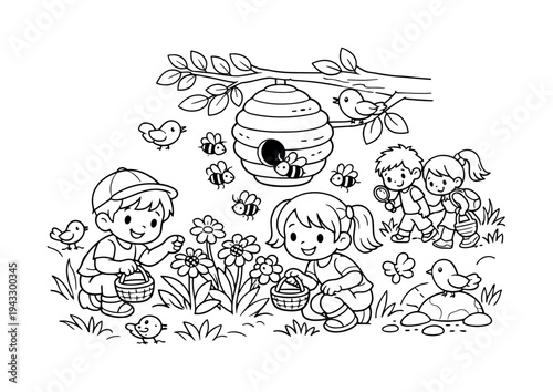 Bee hive with kids observing bees on flowers, smiling and carrying small baskets, friends exploring nearby, tiny birds and plants