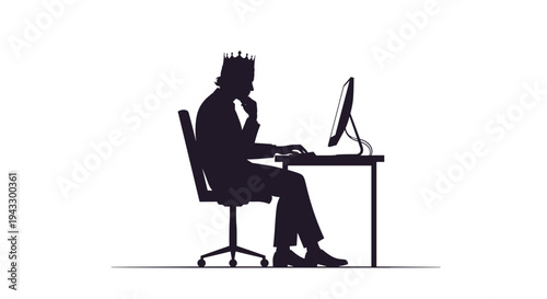 A full black silhouette of a crowned man is seated at a desk, intently focused on a computer monitor, against a plain white background.