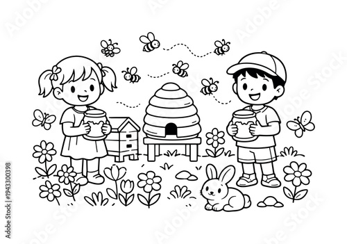 Children enjoying a sunny bee hive area, holding jars of honey, bees buzzing gently, flowers, butterflies, and a small rabbit