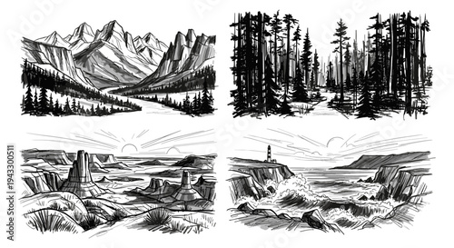 Collection of four distinct hand-drawn landscape illustrations in a sketchy black and white style