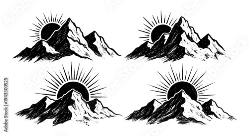 Sunrise over rugged mountain peaks in a vintage woodcut illustration style
