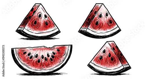 Hand-drawn illustration of four juicy watermelon slices on a white background