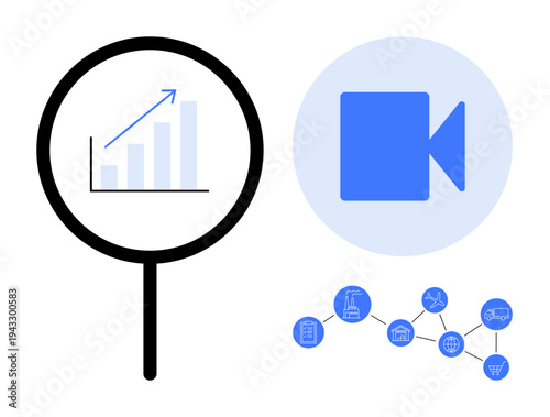 Business strategy, data analysis, video marketing, technology processes, growth , digital infrastructure. Magnifying glass highlighting upward graph, video icon and process nodes. Data analysis