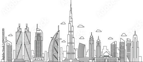 Dubai city skyline linear vector illustration featuring Burj Khalifa and famous landmarks in thin line style isolated on white background for travel infographics