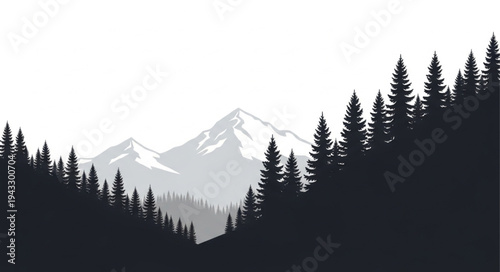 Silhouetted Trees and Mountains Landscape.