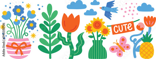Nature. Naive summer and spring children's bold flower. Vector isolated cute illustrations of a leaf, tulip, bouquet, cloud with rain, bird and butterfly on a transparent background for sticker, print