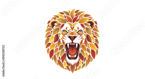 Fierce lion head roaring with autumn leaf mane symbolizing power and nature's majesty isolated on white background vibrant orange and yellow tones artistic illustration