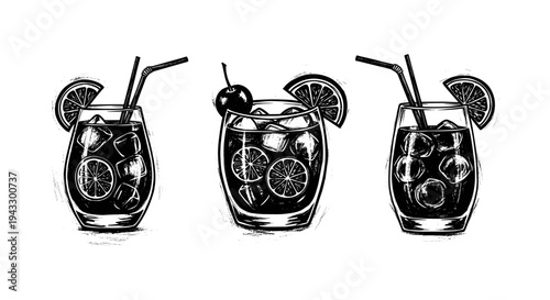 Three refreshing cocktails with ice, citrus slices, and straws in a linocut style