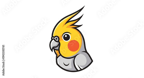 Charming cartoon cockatiel head illustration a vibrant yellow and grey parrot with a distinctive crest and bright orange cheek patches rendered in a clean modern vector art style