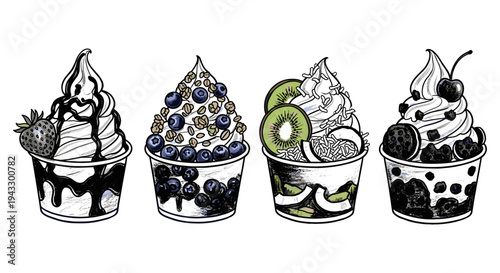 Four delicious frozen yogurt cups with various toppings like berries, kiwi, and chocolate