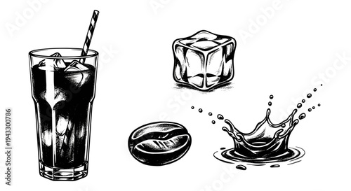 Hand-drawn illustration of iced coffee with bean, ice cube, and splash