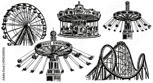 Collection of classic amusement park rides in a vintage sketch style