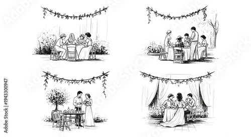 Vintage sketch of people enjoying outdoor gatherings and meals under festive string lights