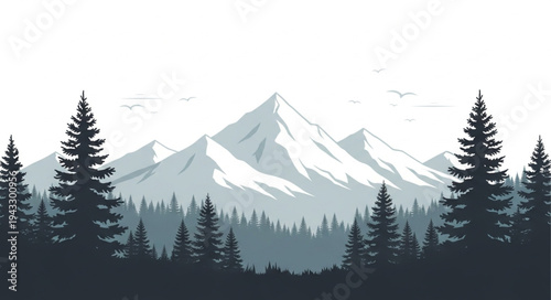 Snowy Mountains and Forest Landscape.