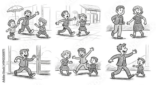 Happy family walking together outdoors in different scenes, a father and his children