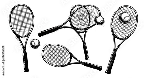 Vintage tennis rackets and balls illustration in a sketch art style on a white background