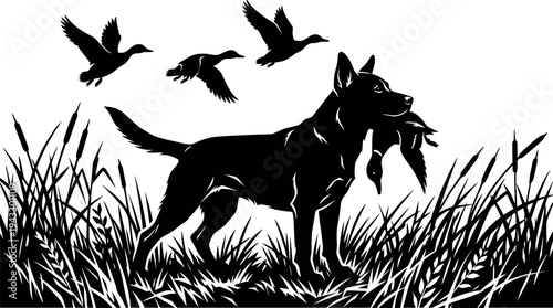 Black silhouette of a hunting dog in tall grass with a mallard duck in mouth and flying birds for outdoor adventure branding