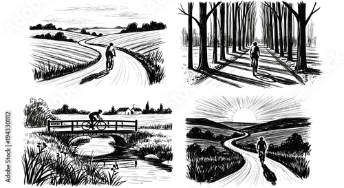 Four black and white sketches of cyclists enjoying scenic rural landscapes and forest paths