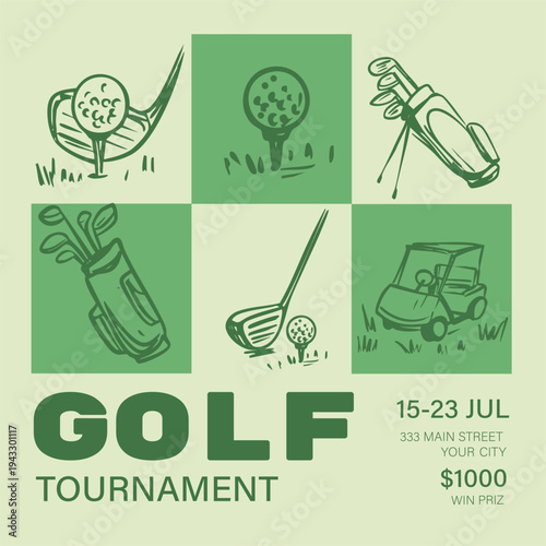 Golf tournament poster design. Sports tools vector illustration.