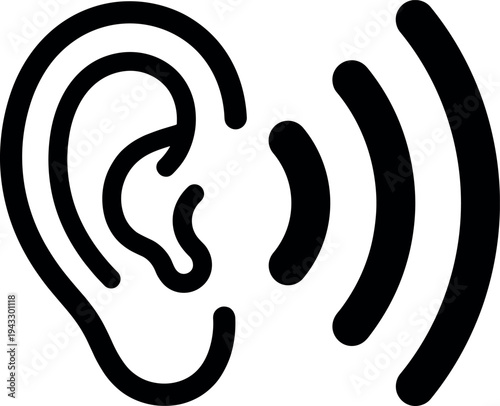 Minimalist line art icon of a human ear with sound waves for hearing aid technology audio accessibility and podcast listening branding designs