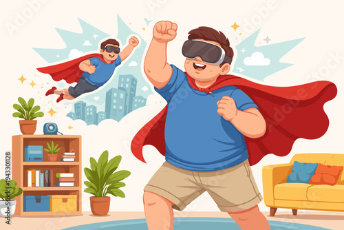 Fat young man with VR glasses and red cape in a room imagining being a superhero flying over a city. Simple flat vector illustration of virtual reality technology, gaming, and creative imagination.