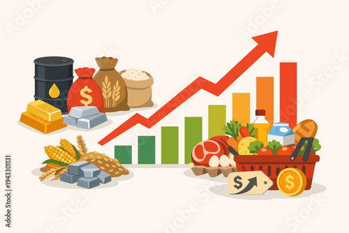 Global Inflation and Rising Commodity Prices Vector Illustration Showing Increasing Cost of Food, Oil, Gold, and Grain with Upward Bar Chart and Red Arrow Representing Economic Market Trends