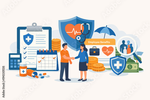 Comprehensive Health Insurance and Employee Benefits Concept Vector Illustration with People Shaking Hands, Medical Icons, Financial Symbols, and HR Documents for Corporate Wellness Plans.