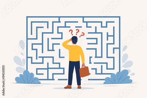 Businessman facing a complex maze puzzle with question marks, representing business challenges, decision making, problem solving, and finding the right career path, flat vector illustration.