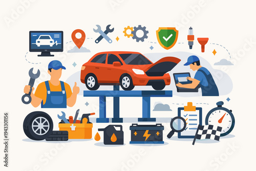 Car service and auto repair concept flat vector illustration with mechanics working on a vehicle, diagnostic equipment, tools, battery, oil, and maintenance icons on a light background.