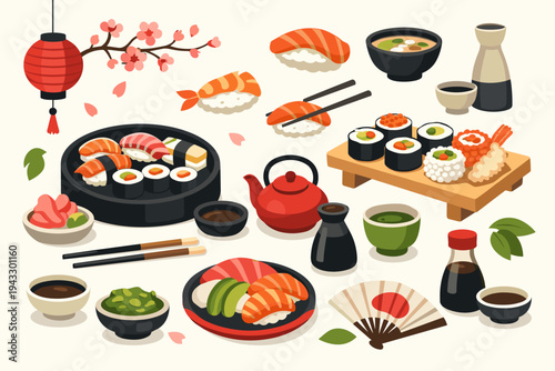 Flat Vector Illustration of Japanese Cuisine Elements with Sushi, Nigiri, Maki Rolls, Sashimi, Miso Soup, Sake, Teapot, Edamame, and Cherry Blossoms for Restaurant Menu Design and Food Branding.