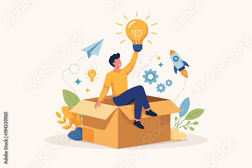 Think Outside the Box Concept Illustration with a Man Sitting on a Cardboard Box Holding a Glowing Lightbulb Symbolizing Creativity, Innovation, Business Ideas, Problem Solving and Inspiration