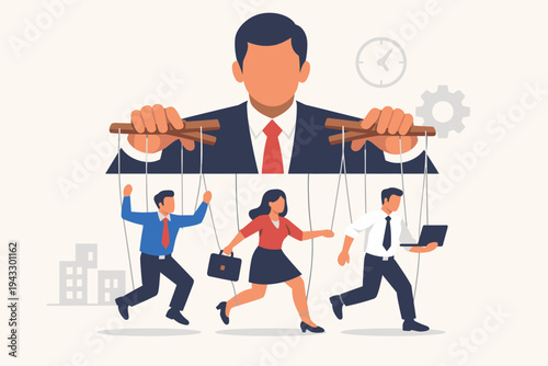 Manager Controlling Employees as Puppets with Strings Vector Illustration. Concept of Corporate Manipulation, Micromanagement, Power Dynamics, and Authority in the Modern Business Workplace.