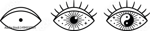 Set of three mystical eye logos featuring celestial stars yin yang symbol and bohemian line art for spiritual branding and modern occultism