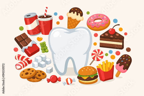 White Human Tooth Surrounded by Unhealthy Sugary Foods and Junk Food Including Soda, Ice Cream, Donuts, Cake, Candy, Cookies, Burger and Fries for Dental Health and Cavity Prevention Concept