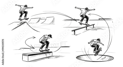 Skateboarder performing various tricks in a skatepark, illustrated in a dynamic sketch style