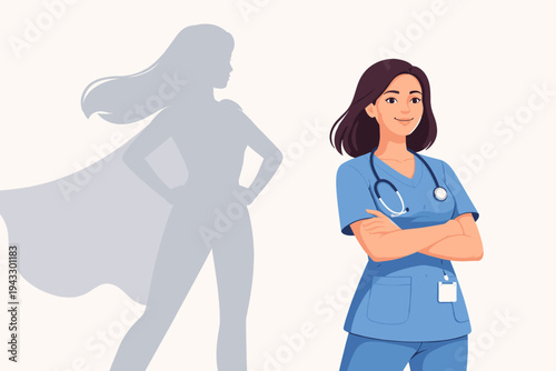 Confident female nurse or doctor in blue scrubs with arms crossed and a superhero shadow on the wall, symbol of medical heroism, healthcare professional, medical worker, flat vector illustration.