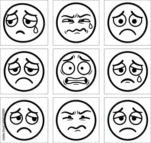 Set of minimalist line art emoji icons featuring sad crying worried and stressed facial expressions for mental health awareness and emotional communication