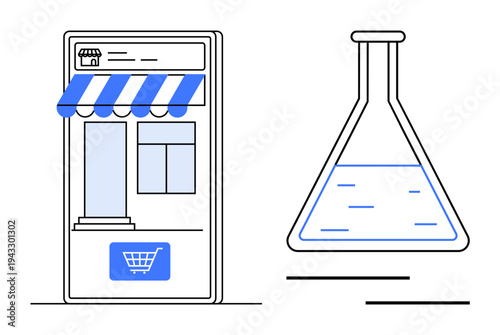 E-commerce, scientific discovery, innovation, online shopping, digital business, research. A storefront with a shopping cart symbol next to a laboratory flask. E-commerce and scientific discovery