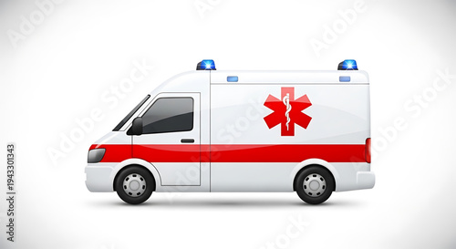 Emergency medical service vehicle with star of life symbol representing urgent healthcare rescue operations and critical patient transport flashing blue lights signaling alert