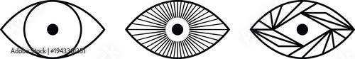 Set of three minimalist geometric eye logos featuring abstract line art iris designs and mystical vision symbols for modern brand identity design
