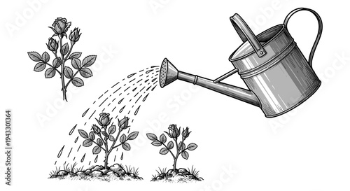 Vintage illustration of a watering can nurturing rose bushes with water droplets