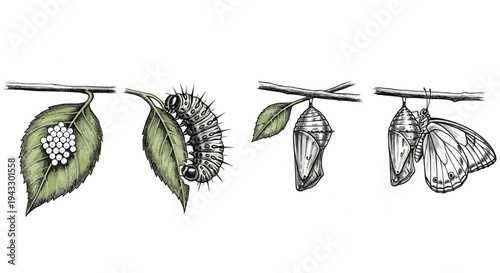 Life cycle of a butterfly shown in four stages: eggs, caterpillar, chrysalis, and adult butterfly