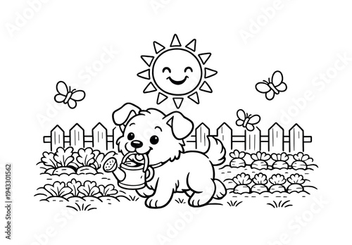 Happy puppy helping in a garden carrying a tiny watering can, rows of vegetables growing, butterflies fluttering nearby, a wooden