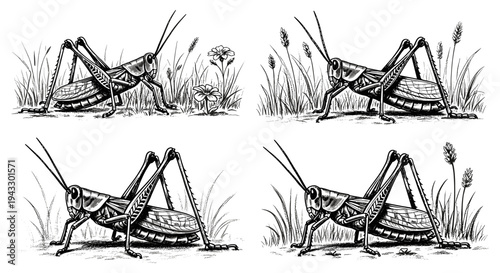 Detailed black and white illustration of a grasshopper in tall grass with flowers
