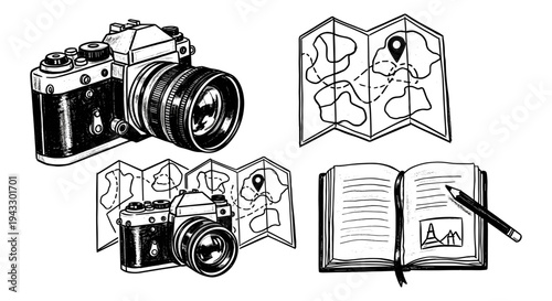 Vintage camera, folded maps, and open notebook with pencil for travel planning