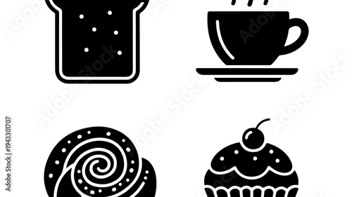 Bread set with cup, croissant, and cupcake, icons in black silhouette featuring coffee, pastry, bakery with breakfast and food elements for