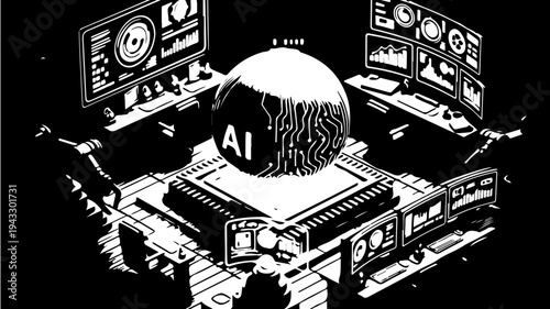 Robot artificial intelligence with futuristic computer screens and machinery systems featuring AI, screen, technology with innovation and automation